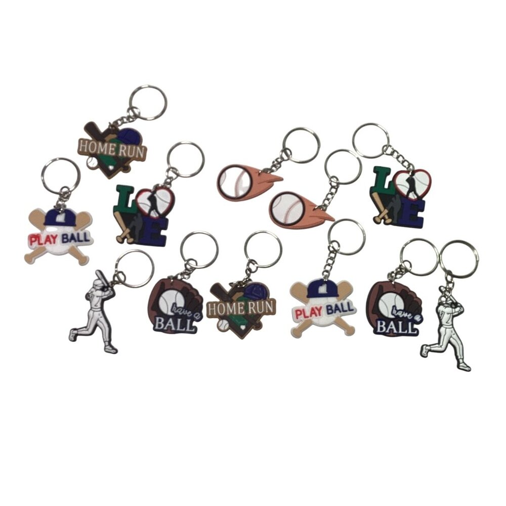 12 pcs Baseball Themed Keychains Rubber Multi Colored NEW